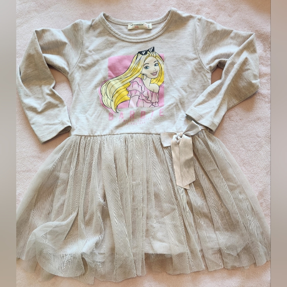 Girls' Beige Long Sleeve Dress with Tulle Skirt